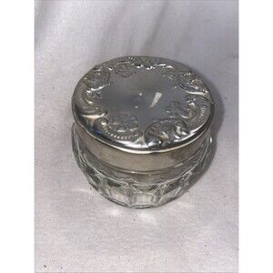 Avon Vintage Collectible Glass Jar Powder Silver Tone Embossed Lid Decorative